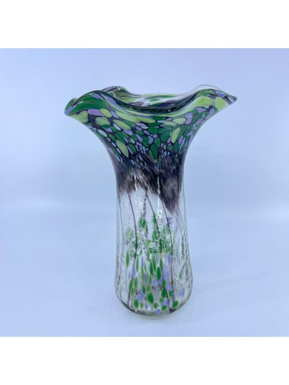 vintage handblown art glass vase with ruffled edge & green purple floral pattern